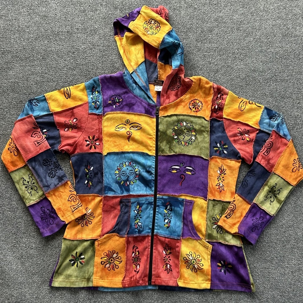 Rising International Jacket Womens‎ 2X Multicolor Boho Patchwork Hooded Zip Art